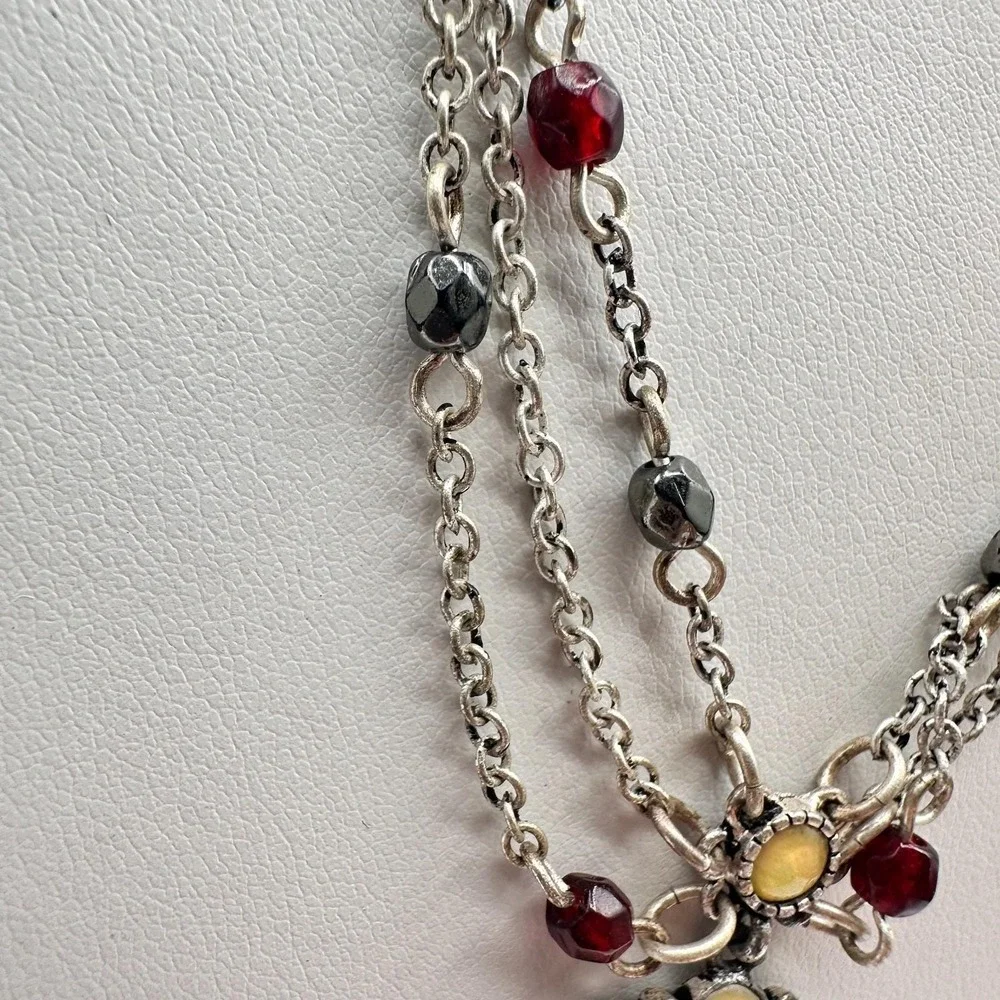 Vintage 20s Yellow Flower Pendant Silver Tone Multi-Strand‎ Necklace Jewelry